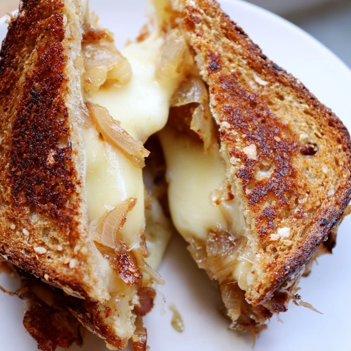 Two halves of a warm Caramelized Onion Grilled Cheese stacked on a plate, ready to be served.