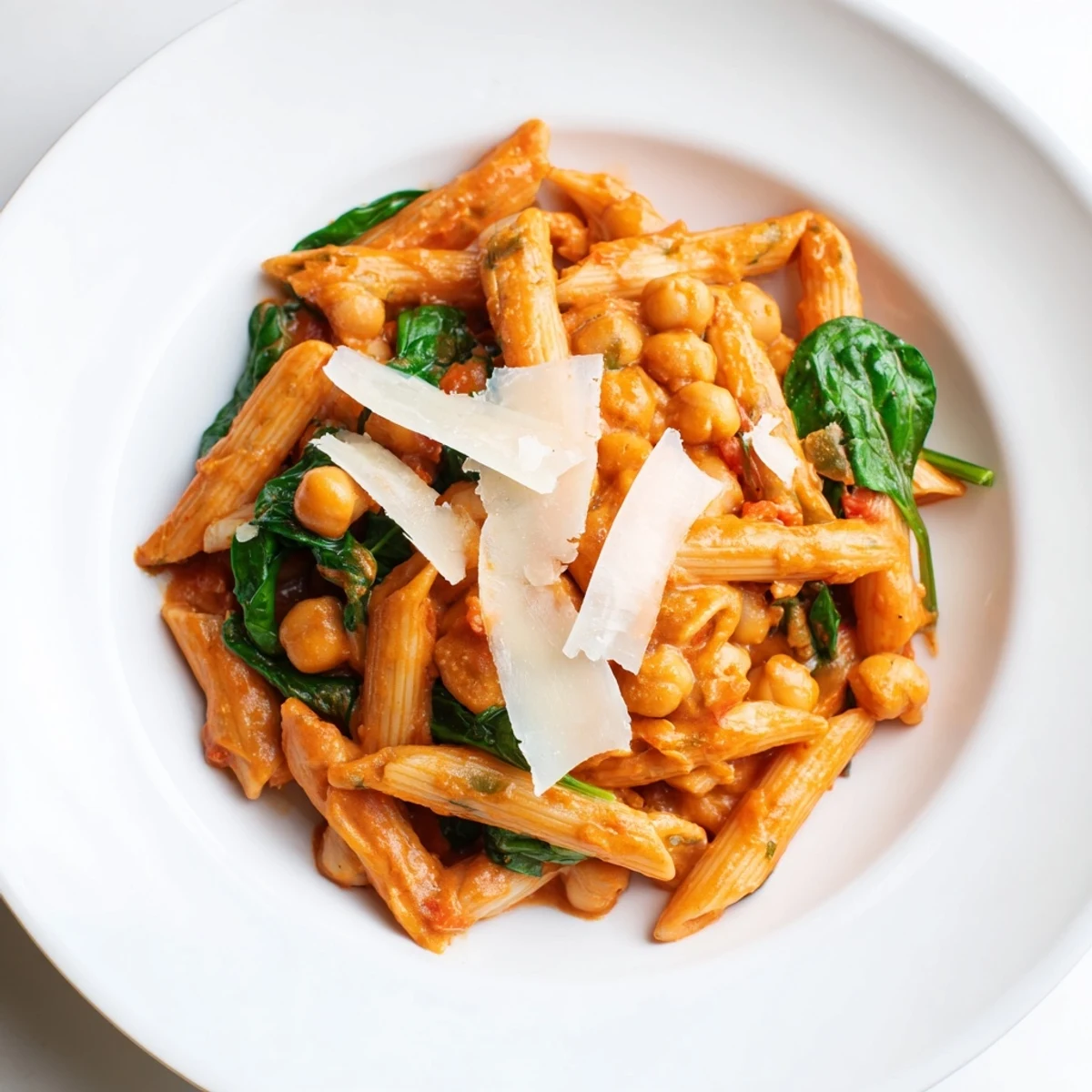 Creamy Tuscan Chickpea Pasta in a skillet, with al dente penne tossed in a rich tomato cream sauce, fresh spinach, and chickpeas.  