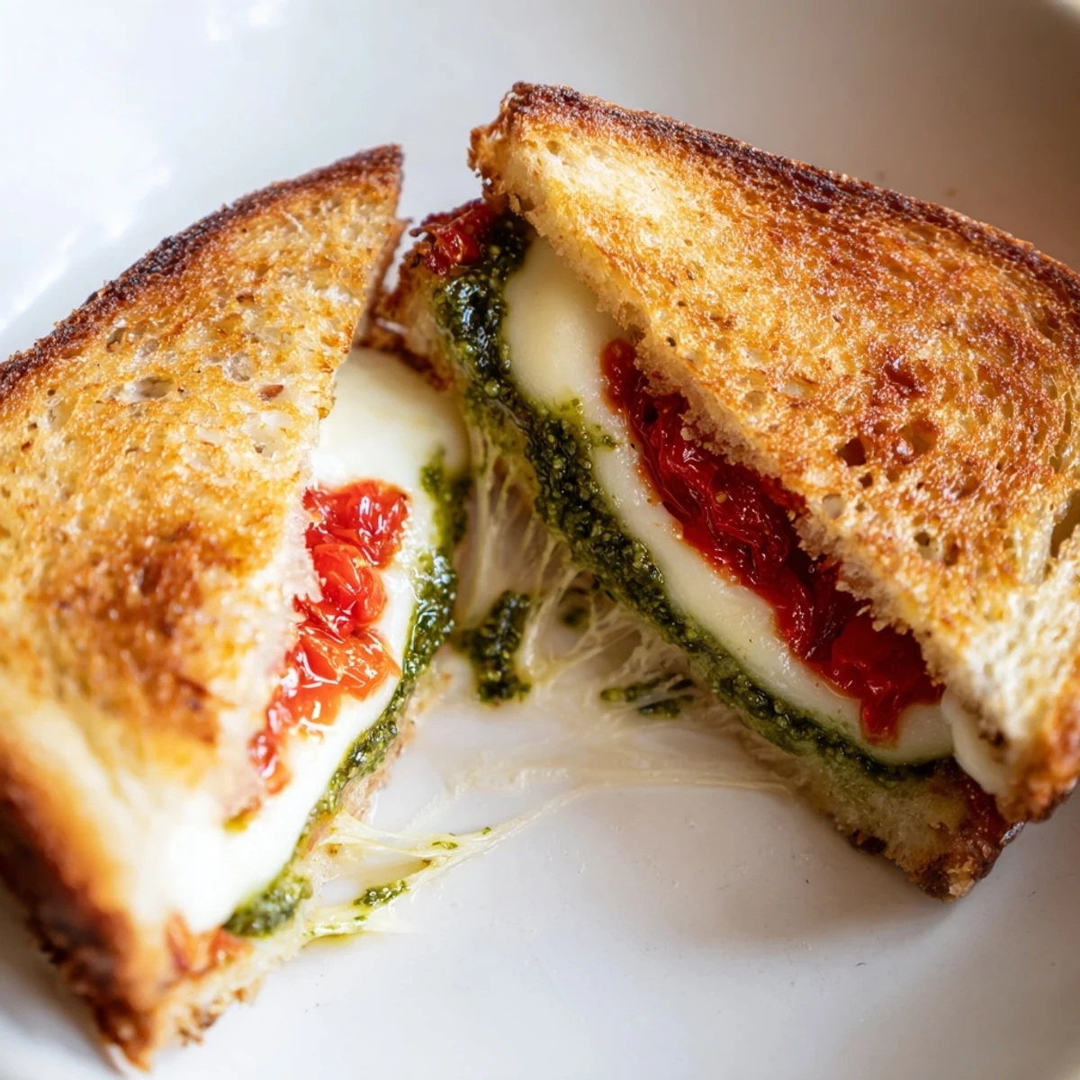 Golden-toasted Caprese Pesto Grilled Cheese oozing melted mozzarella and tomato on sourdough.