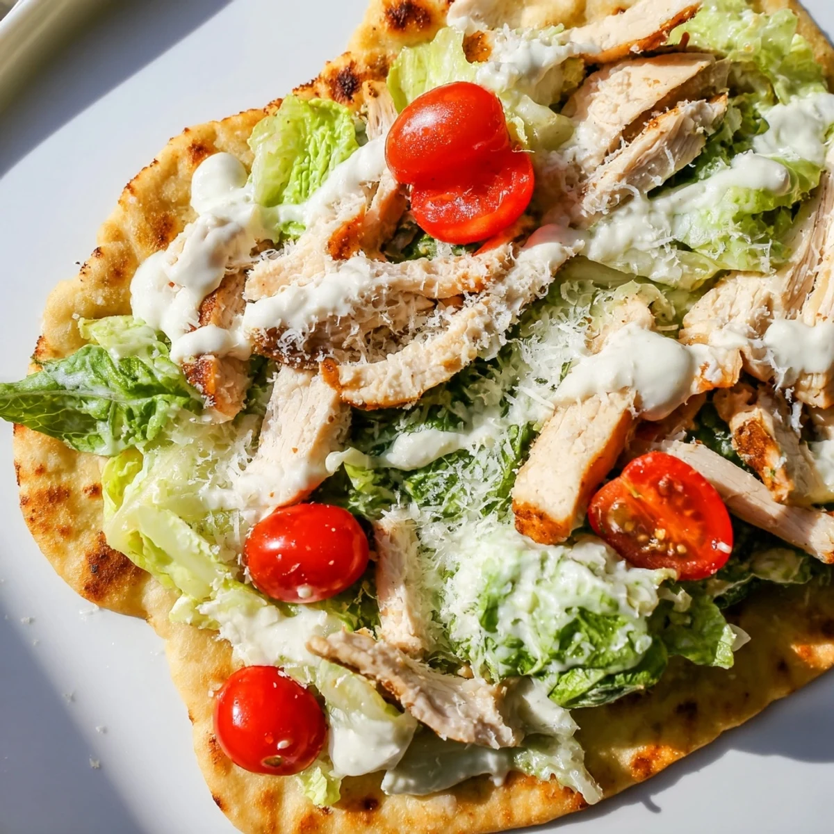 Freshly baked golden flatbread topped with juicy grilled chicken, crisp romaine lettuce, and a creamy drizzle of Caesar dressing.