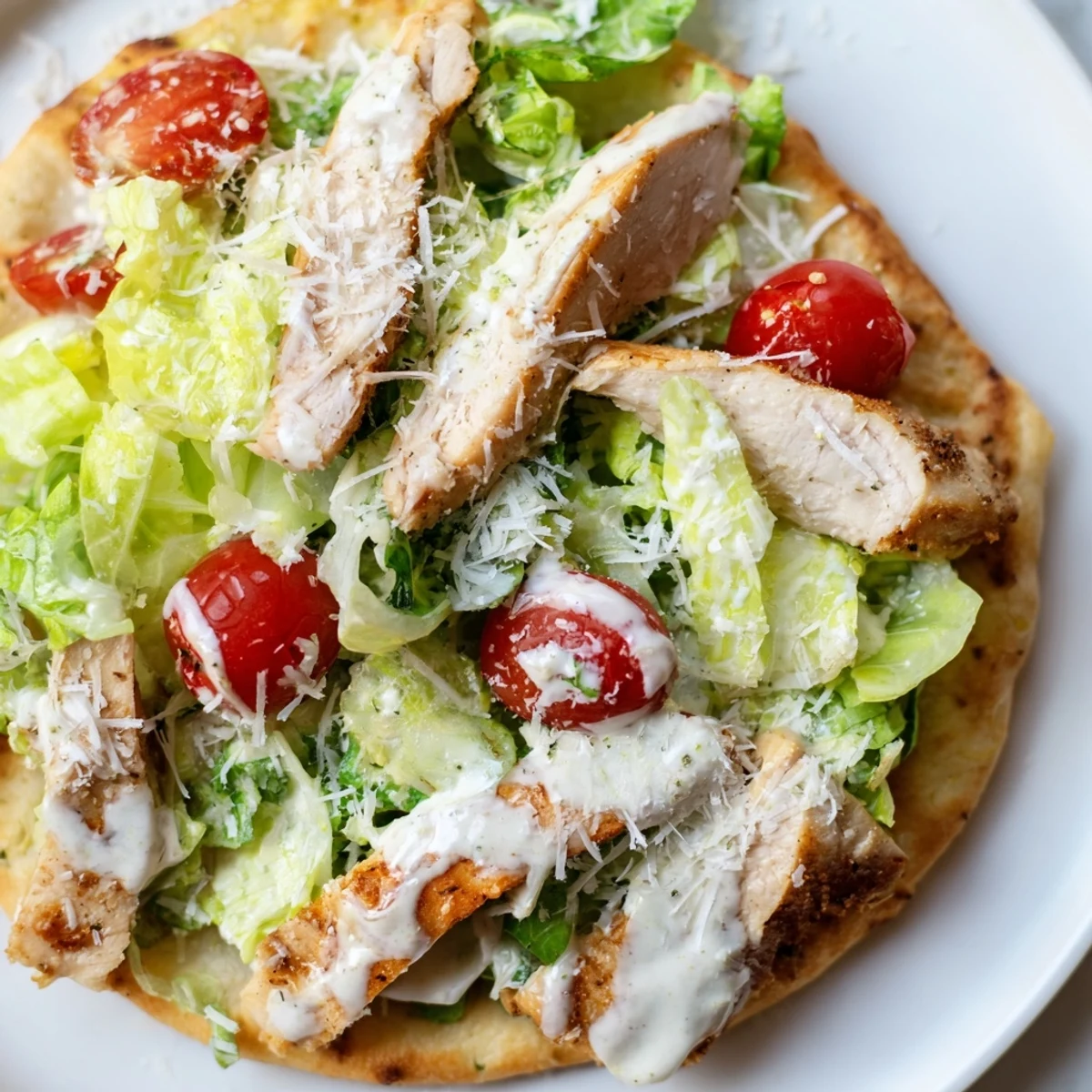 Sliced Chicken Caesar Flatbread pieces arranged neatly, showing the tender grilled chicken and fresh greens for a shareable appetizer.