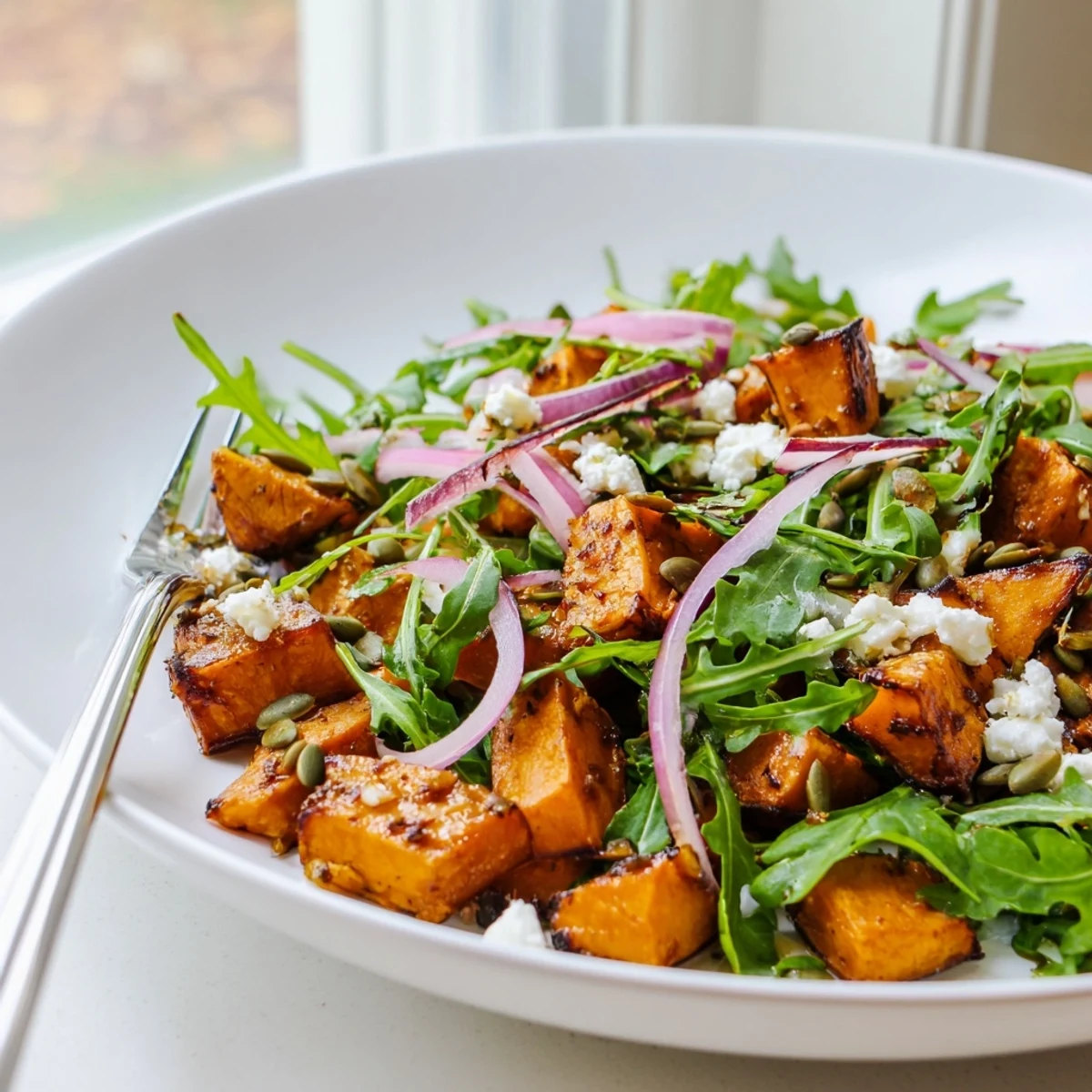 Roasted Sweet Potato Salad with caramelized sweet potatoes, peppery arugula, and creamy feta drizzled in a zesty honey-lime dressing.