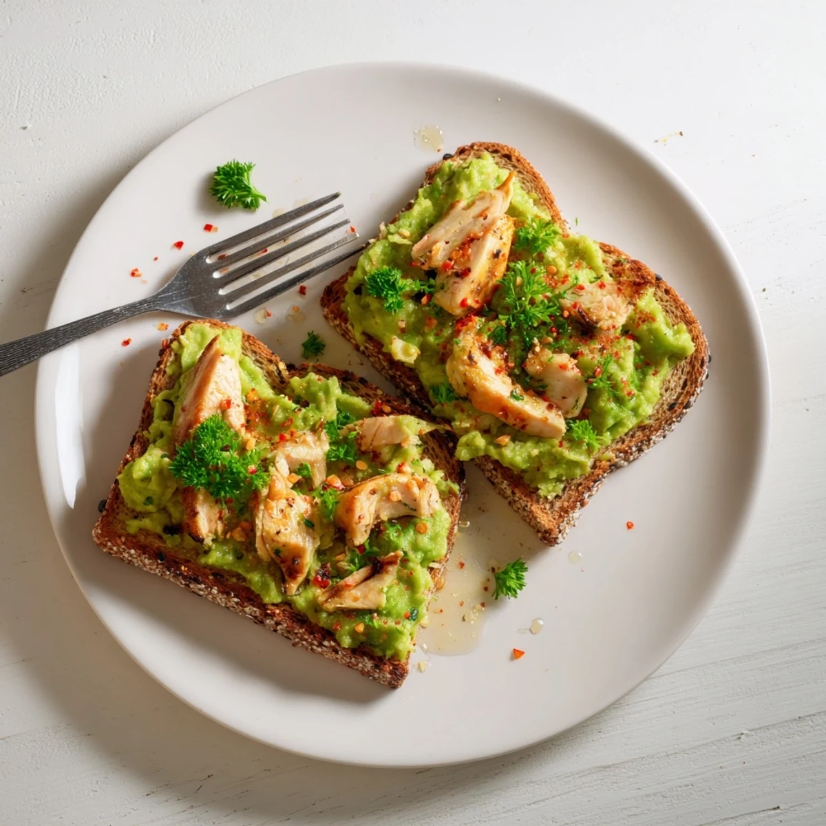 A close-up of the vibrant Smashed Avocado Chicken Toast, showcasing perfectly grilled chicken and fresh herbs on rustic bread with a drizzle of honey.