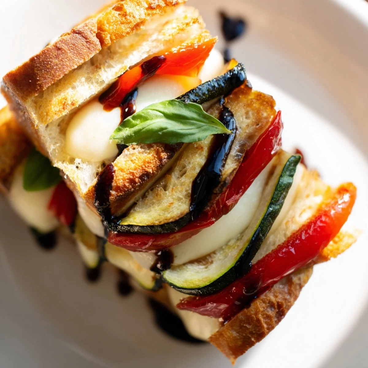 Golden, crispy sourdough slices reveal layers of roasted zucchini, red and yellow peppers, melted mozzarella, juicy tomato, and fresh basil in this Roasted Veggie Caprese Grilled Cheese.