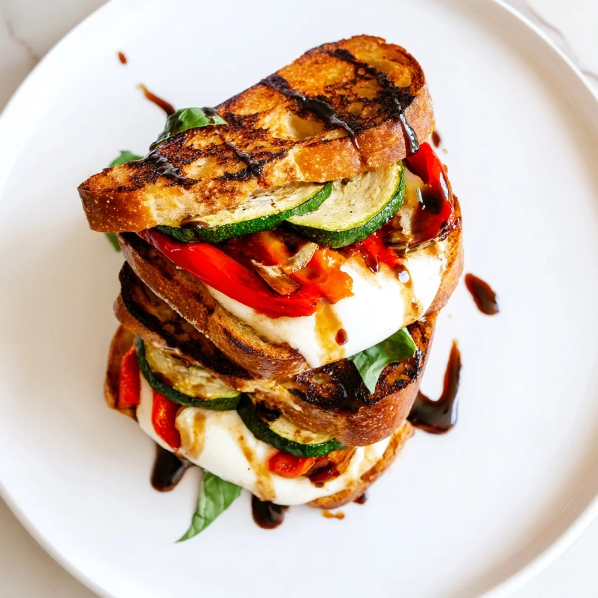 Fresh basil and melted mozzarella top roasted zucchini and peppers on toasted bread for a vibrant Roasted Veggie Caprese Grilled Cheese ready to serve warm.