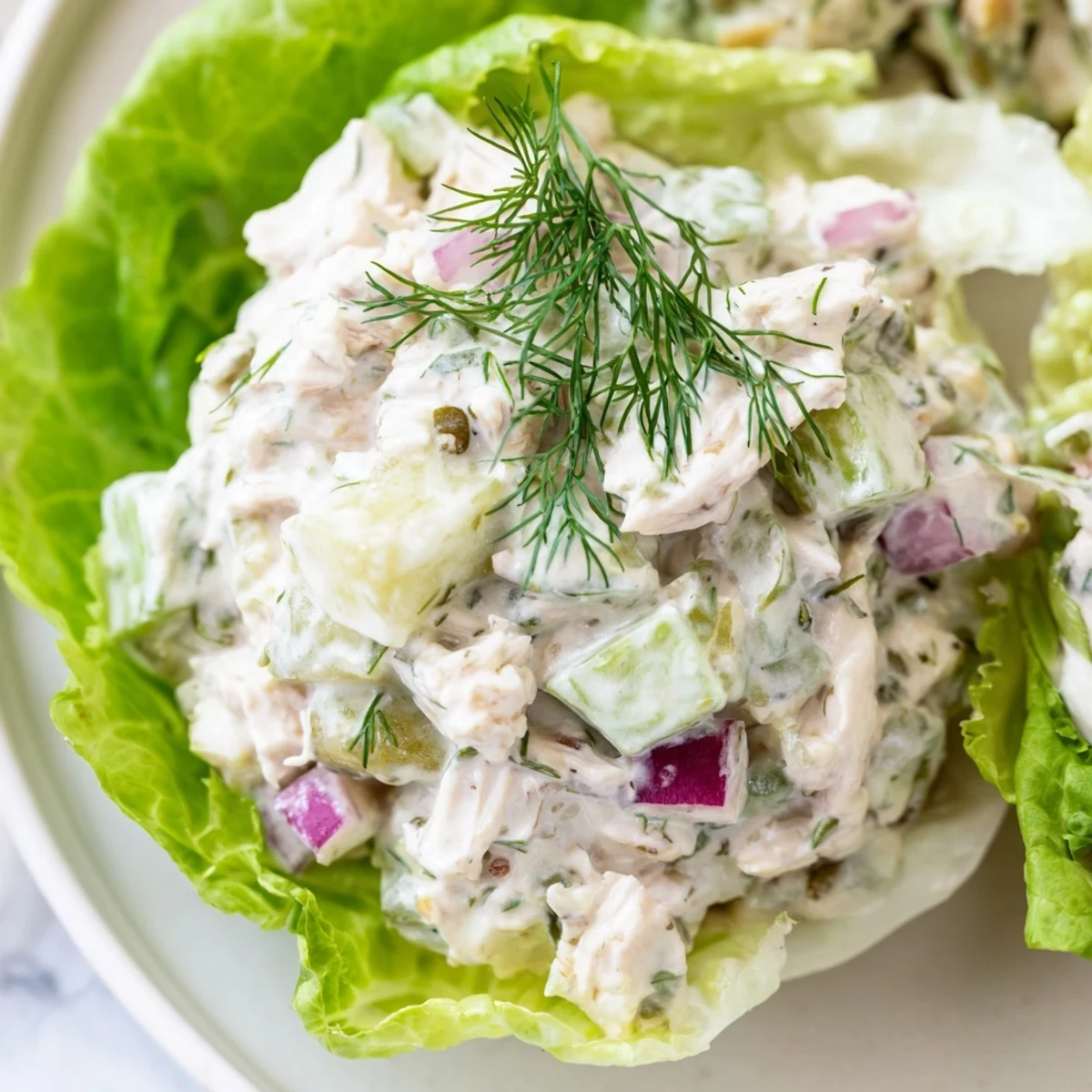 Savory shredded chicken with crunchy pickles and red onion, served in tender lettuce for a light bite.