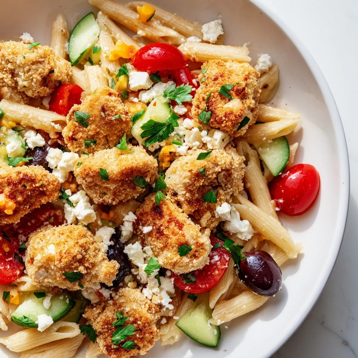 This Greek-inspired dish combines juicy fried chicken, fresh vegetables, and penne pasta for a colorful, family-style main course.