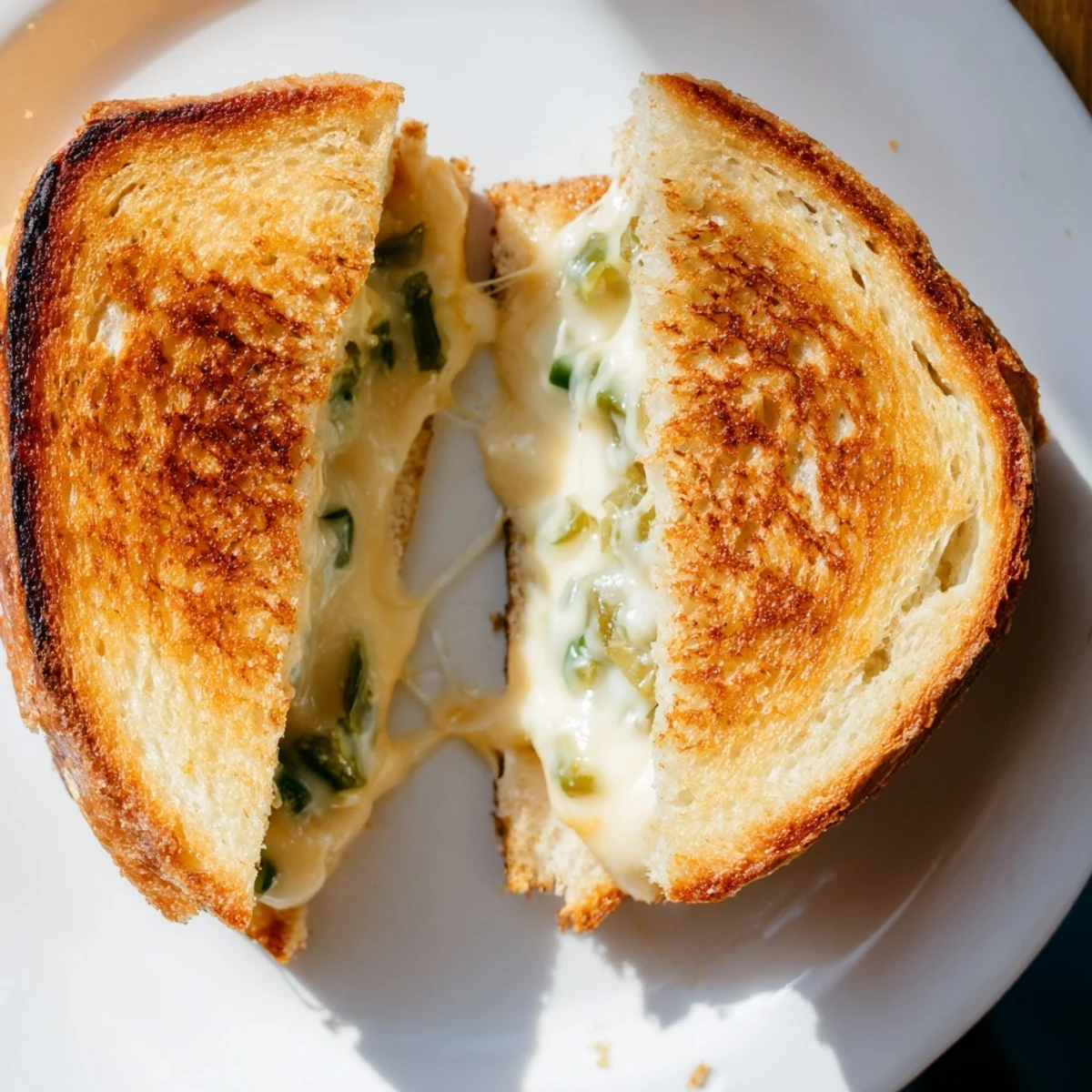 Melted pepper jack cheese and pickled jalapeños peeking out of a crispy, golden-buttered sourdough grilled cheese.