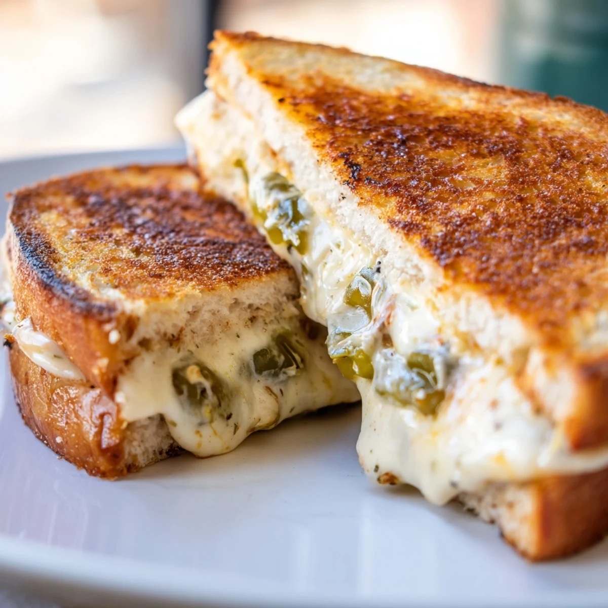 Spicy Jalapeño Pepper Jack Grilled Cheese, sliced in half to reveal the gooey, cheesy interior with jalapeños.