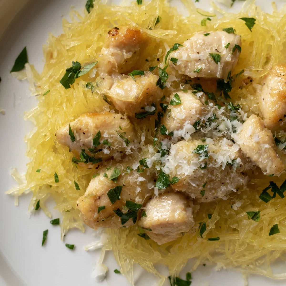 Tender chicken pieces glisten in a lemon-garlic sauce, piled high on roasted spaghetti squash strands and topped with fresh parsley and Parmesan.  