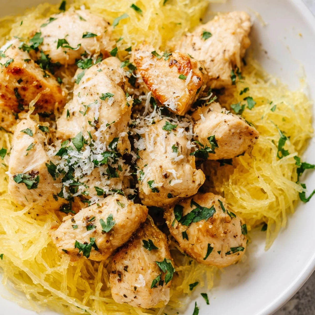 A healthy, gluten-free main dish features bright lemon zest, sautéed garlic chicken, and fork-tender spaghetti squash on a rustic plate.