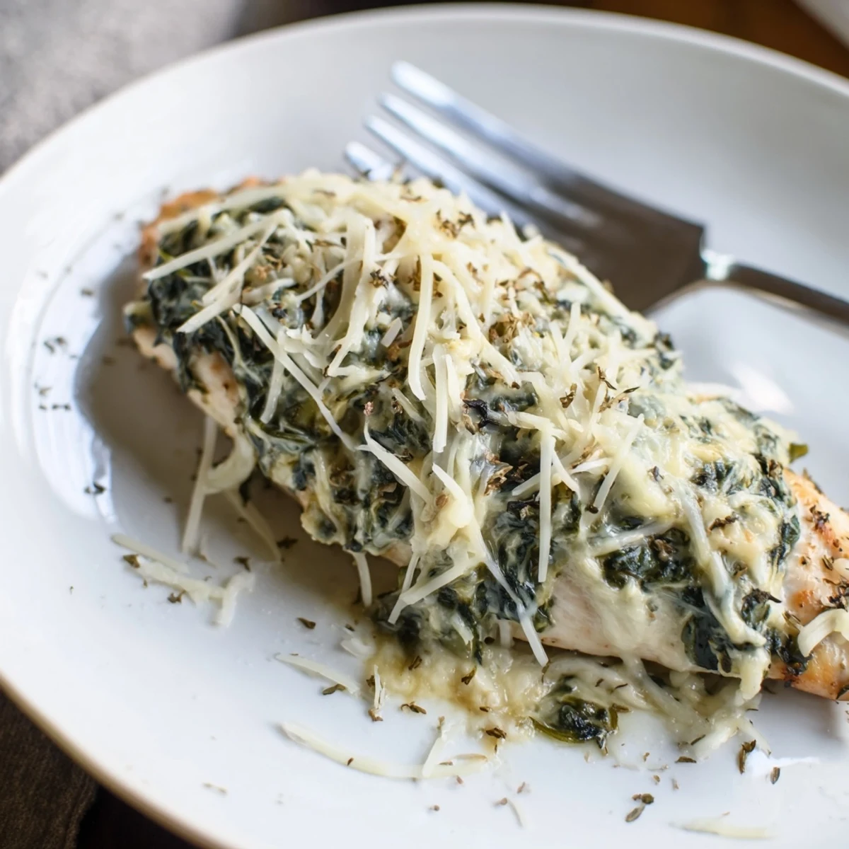 A close-up view shows the creamy spinach and artichoke chicken bake with herbs and red pepper flakes, perfect for weeknight dinners.