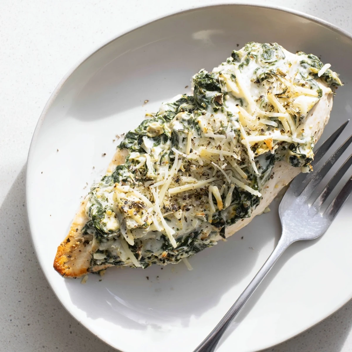 Serve the spinach and artichoke chicken bake alongside a crisp green salad for a high-protein, gluten-free American family meal.