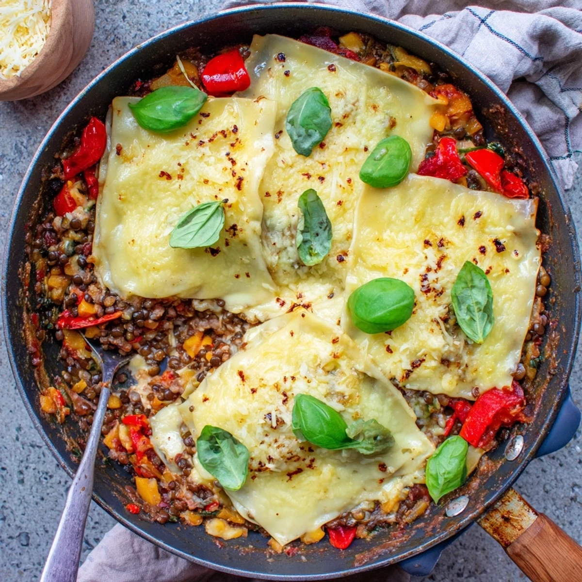 Golden, bubbly mozzarella tops a deep, hearty pan of One-Pan Smoky Veggie Lentil Lasagne, layered with rich béchamel and vegetable ragù.  