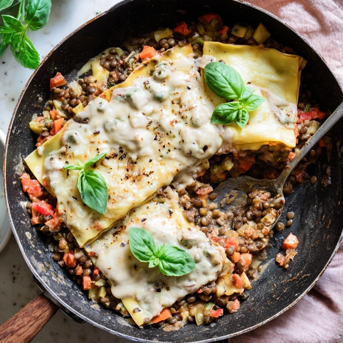 Close-up of One-Pan Smoky Veggie Lentil Lasagne with a cheesy crust and visible layers of lentils, mushrooms, and zucchini in rich béchamel.