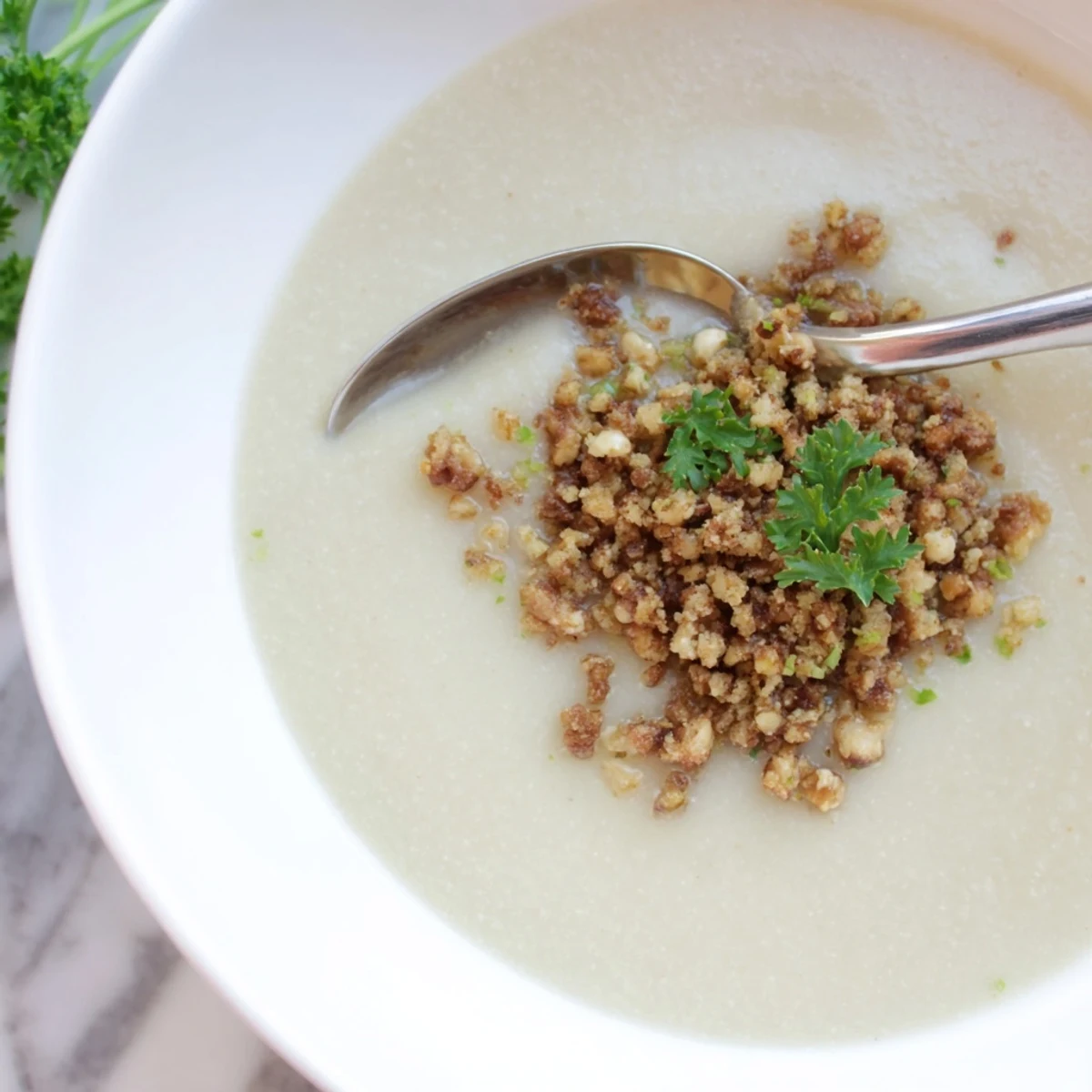 Silky smooth celeriac soup with hazelnut crumble served in a rustic ceramic bowl, garnished with fresh parsley and ready to eat.