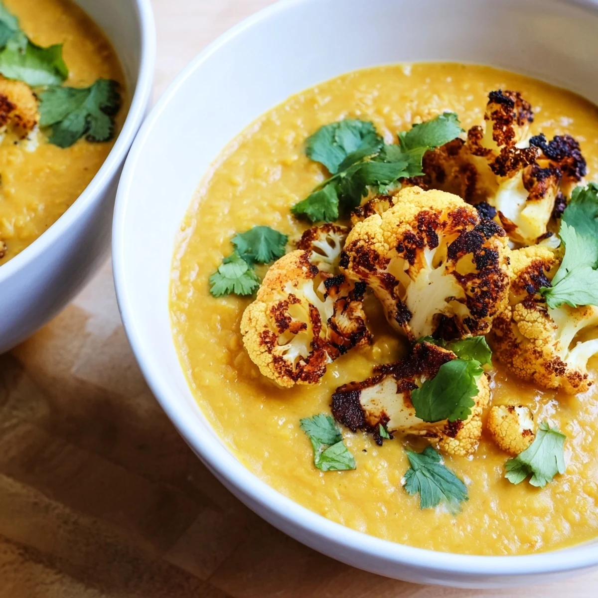 Steaming bowls of red lentil Dhal with Cumin-Roasted Cauliflower garnished with fresh cilantro.