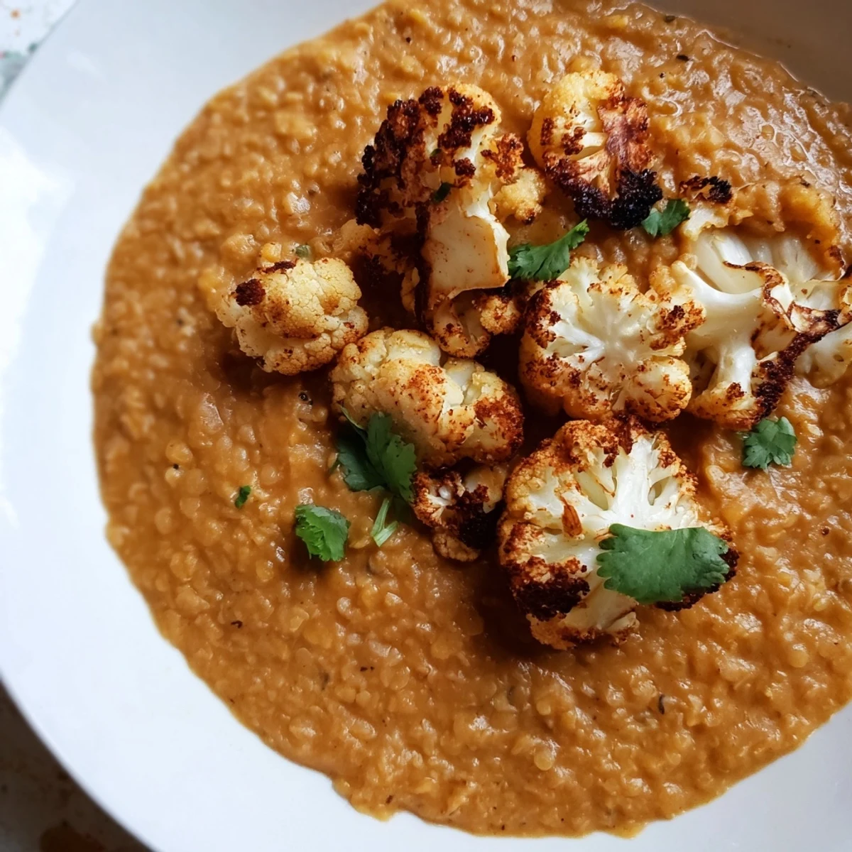 Hearty Indian Dhal with Cumin-Roasted Cauliflower served alongside fluffy basmati rice for dinner.