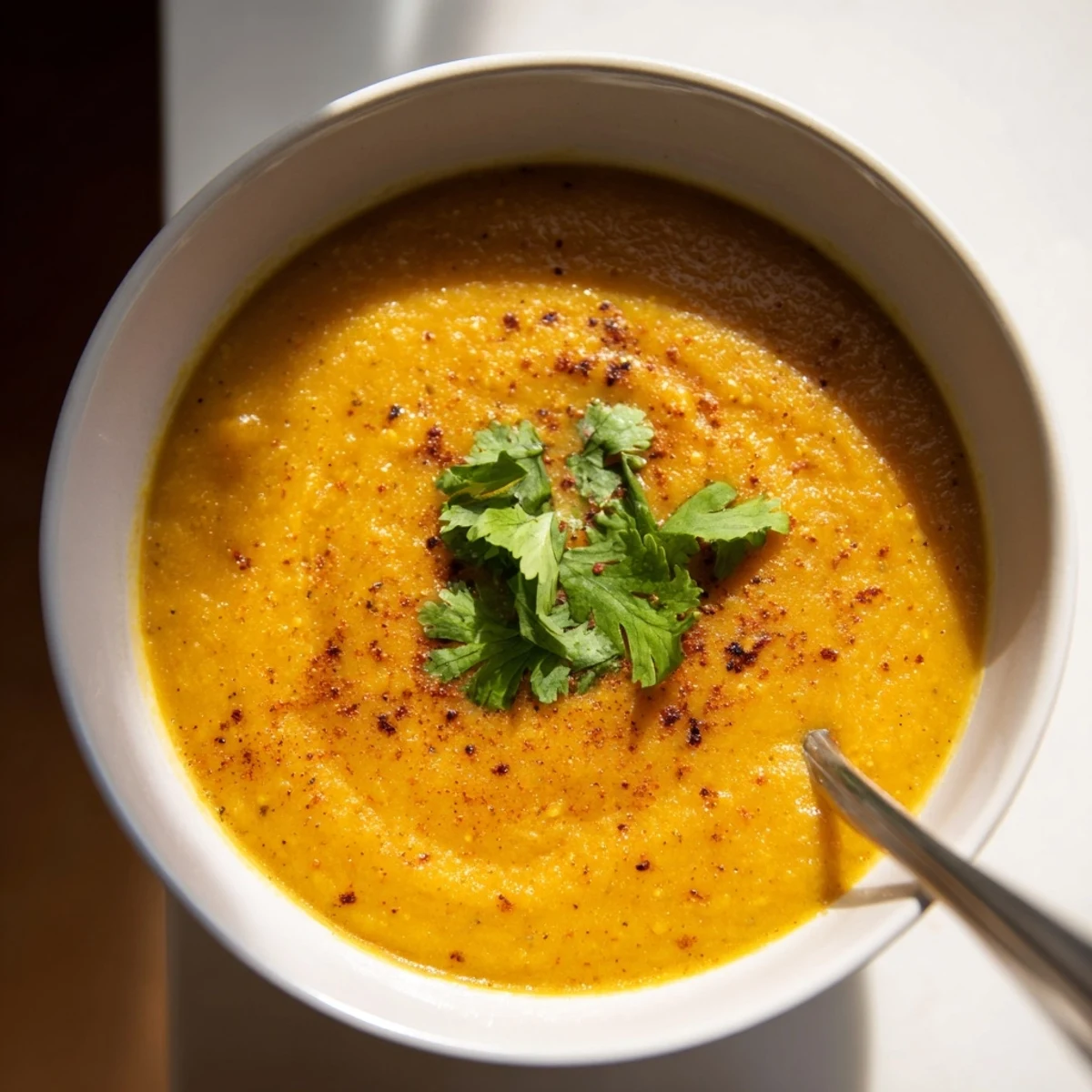 A spoon dips into savory Butternut Squash and Lentil Soup, steam rising beside crusty bread.