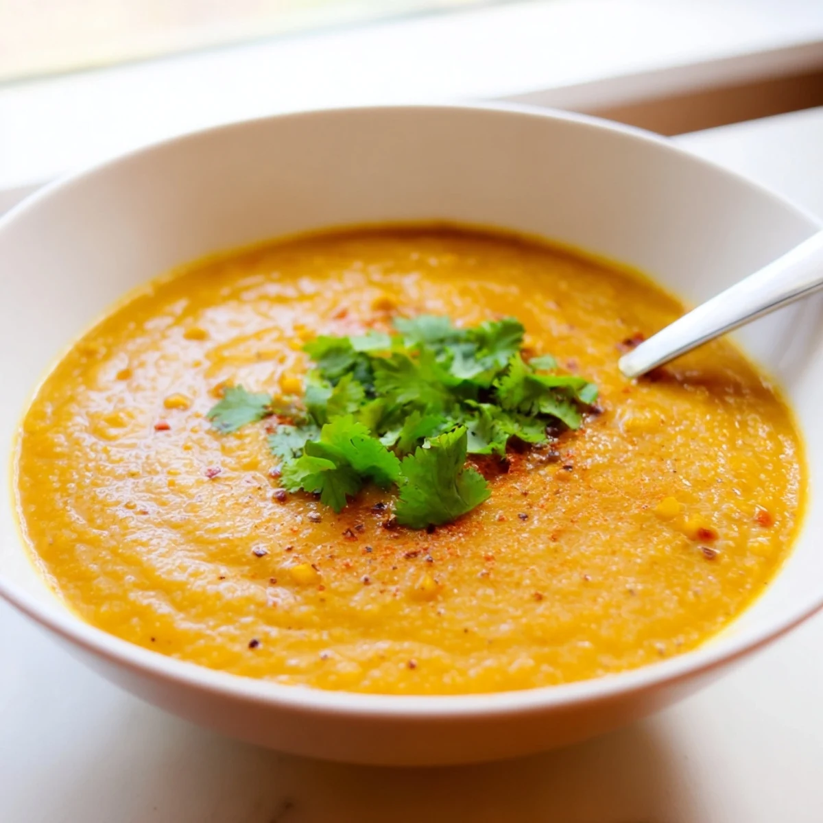 Roasted butternut squash and red lentils create a velvety, orange-hued soup in a rustic bowl.