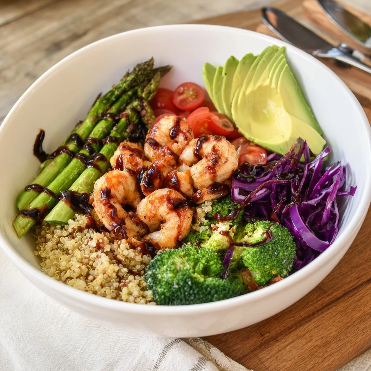 Detox Buddha Bowl with Shrimp and Quinoa, featuring vibrant red cabbage and tomatoes with a glistening balsamic drizzle.