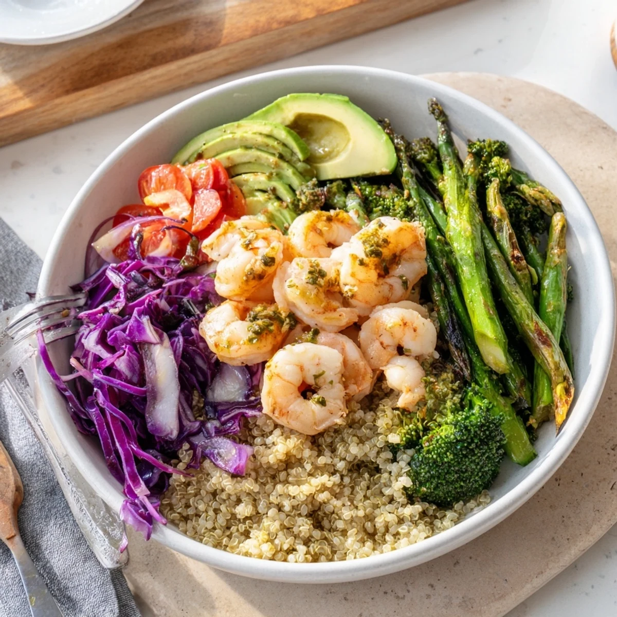 Detox Buddha Bowl with Shrimp and Quinoa, a wholesome plate ready to serve with fresh herbs and lemon wedges.