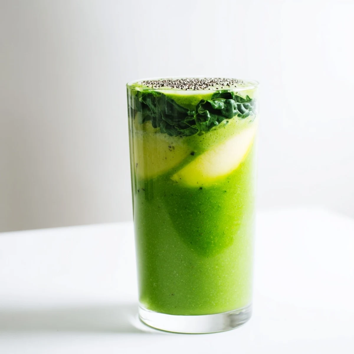 This homemade vegan green detox smoothie features chunks of apple and banana, blending into a creamy, nutrient-packed drink.