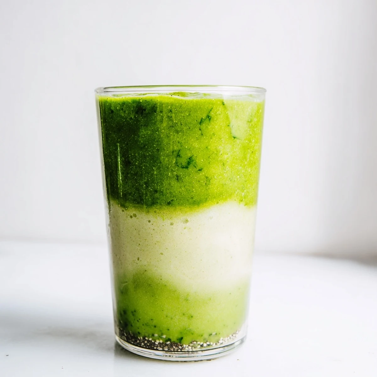 A tall glass of vibrant green detox smoothie, garnished with fresh mint and chia seeds, served for a refreshing morning beverage.