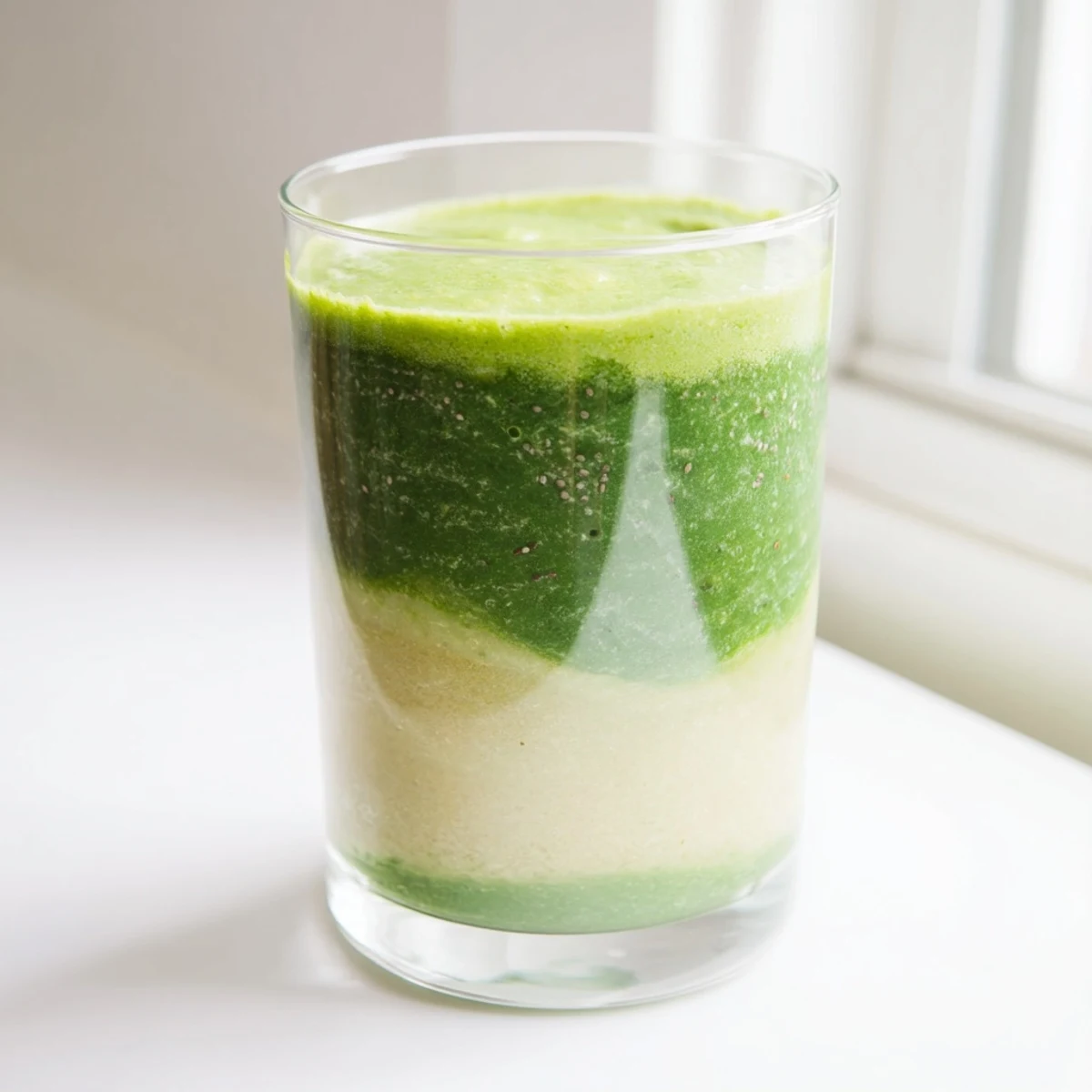 Ready to drink green detox smoothie in a clear mason jar, showcasing its bright color and satisfying texture.