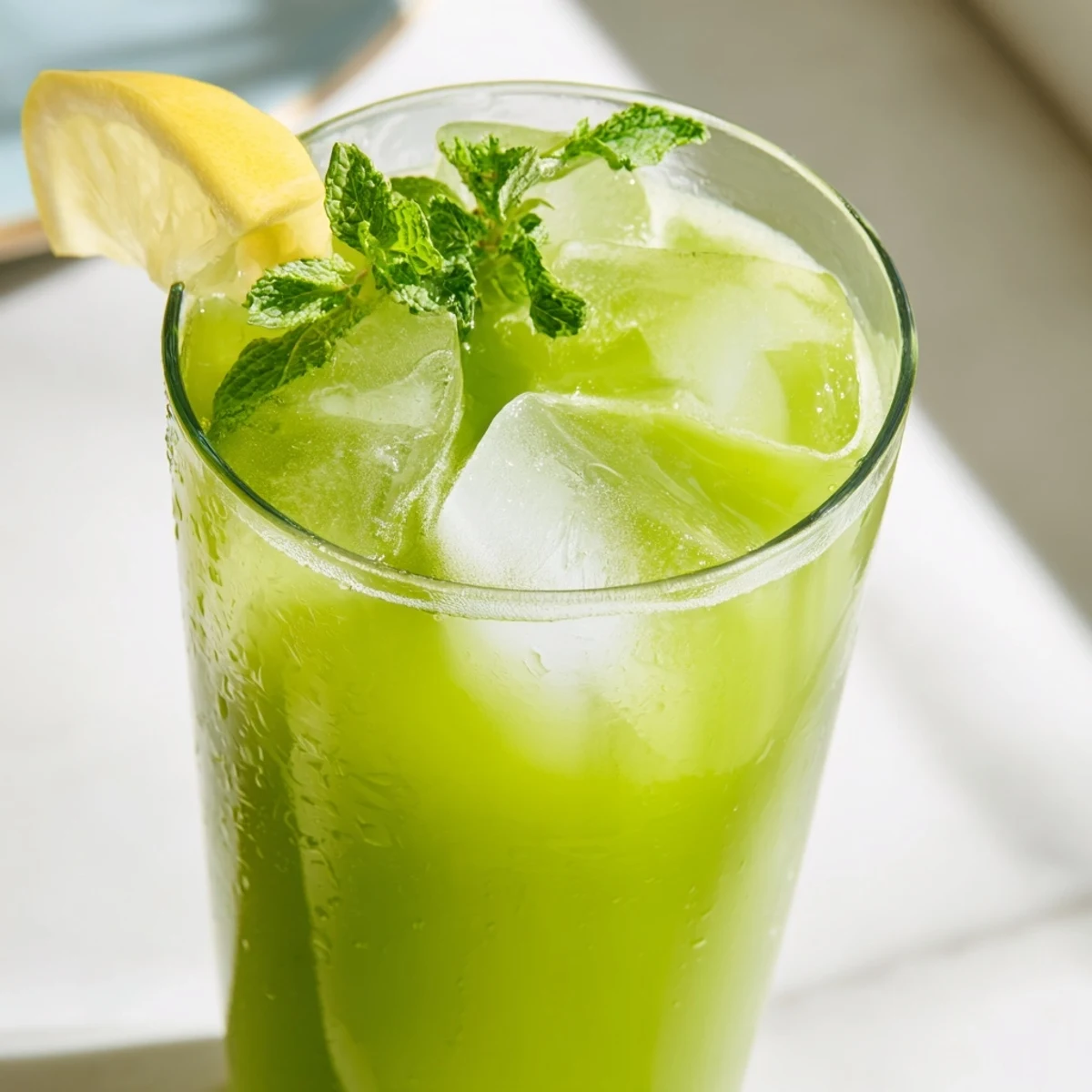 A glass of vibrant Celery Ginger Lemon Juice filled with ice, showcasing the bright green hue from fresh celery, ginger, and mint.