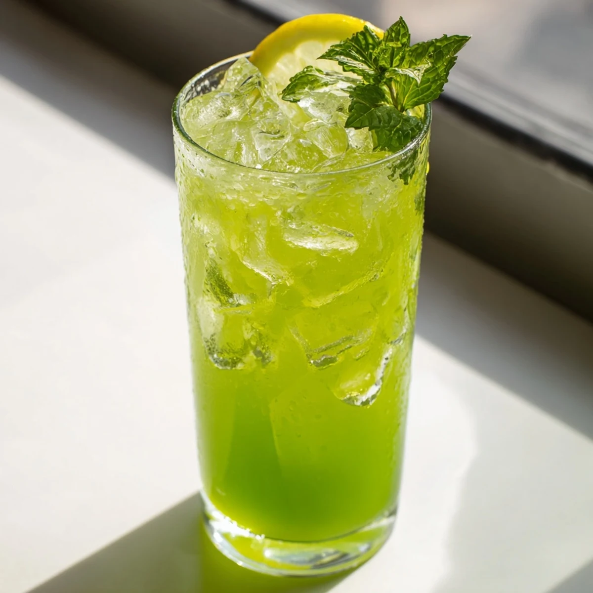 Overhead view of two tall glasses of refreshing Celery Ginger Lemon Juice garnished with celery stalks and lemon wheels on a wooden table.