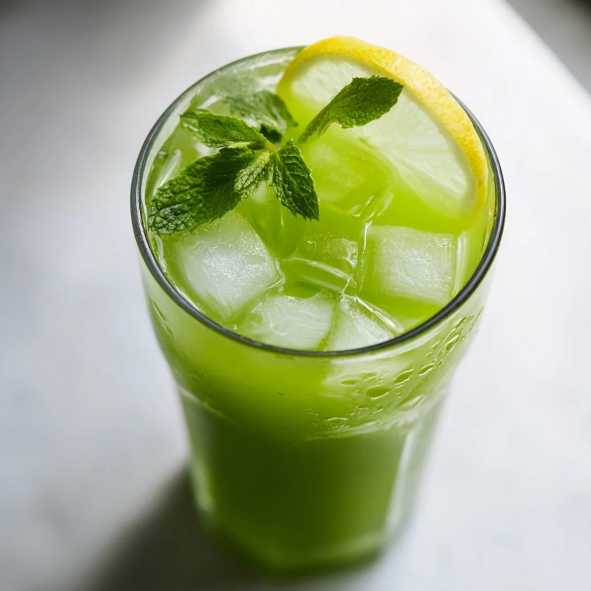 Close-up shot of the vibrant green Celery Ginger Lemon Juice, highlighting the smooth texture and fresh ingredients in a rustic setting.