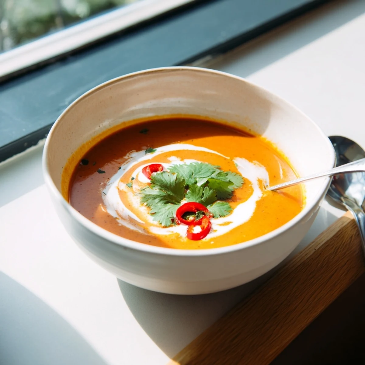 Creamy carrot, celeriac, and chilli soup in a rustic bowl, garnished with fresh cilantro and a swirl of vegan yogurt.  