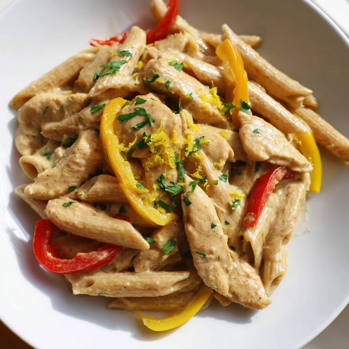A skillet of Creamy Cajun Chicken Pasta Lite features golden chicken strips tossed with al dente pasta in a spicy, creamy sauce.