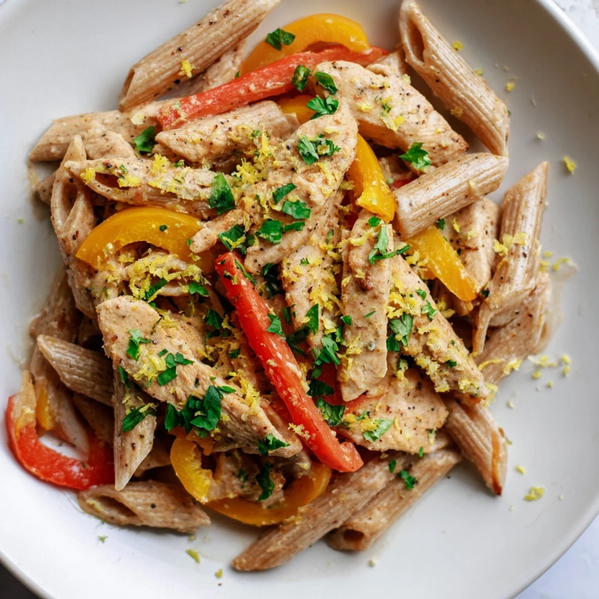 Creamy Cajun Chicken Pasta Lite served in a white bowl with steaming penne, colorful bell peppers, and fresh parsley garnish.
