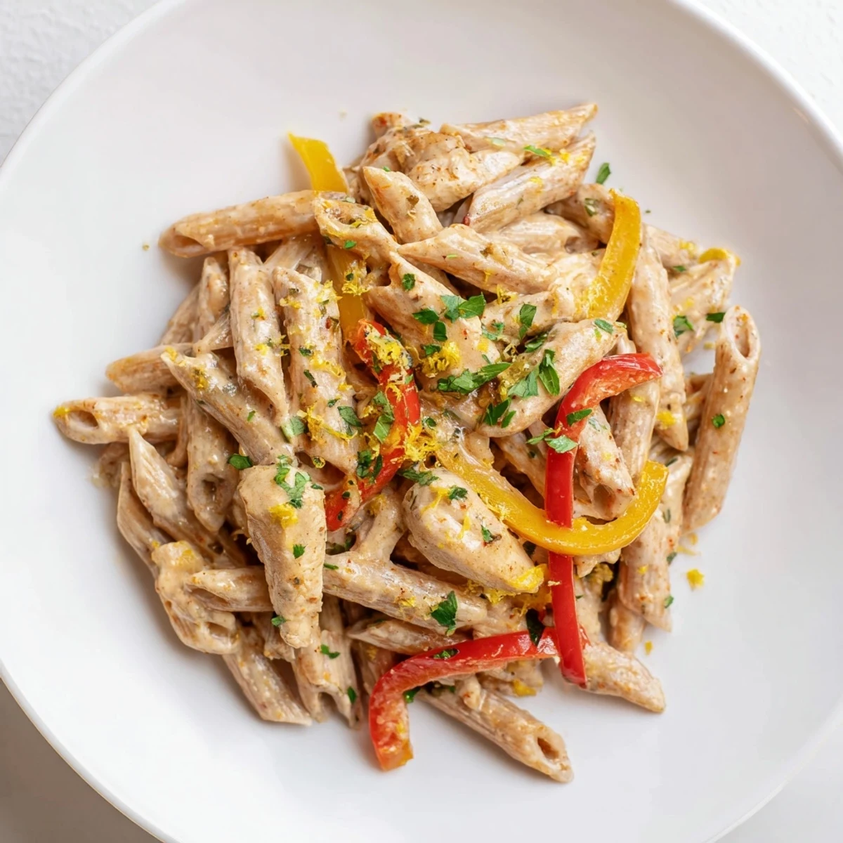 Garnished with lemon zest and parsley, this Creamy Cajun Chicken Pasta Lite offers a vibrant, lower-calorie meal for weeknight dinners.