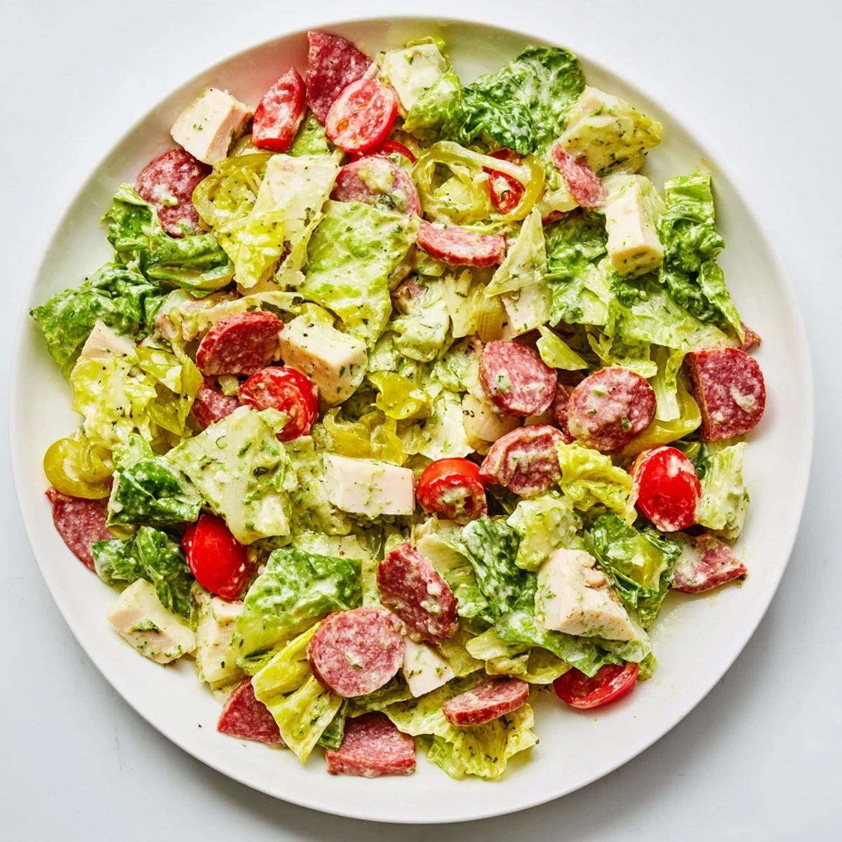 Freshly chopped Italian Deli Chopped Chicken Salad with juicy chicken, salami, and provolone on crisp romaine.