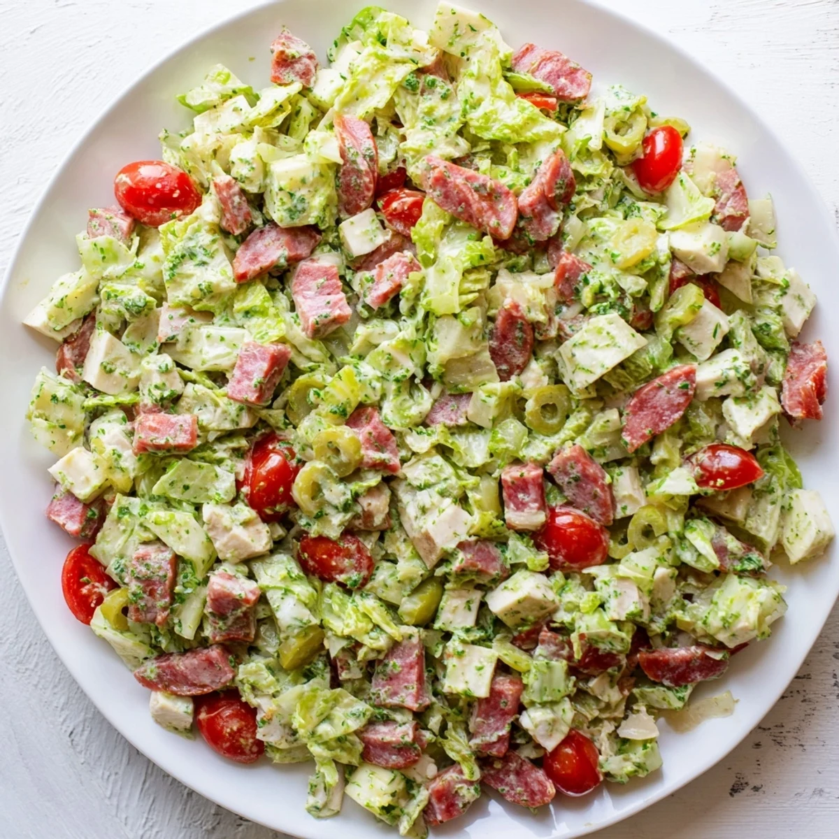 Served in a rustic bowl, the Italian Deli Chopped Chicken Salad is garnished with cherry tomatoes.