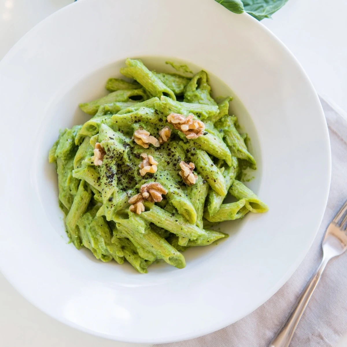 Freshly blended Creamy Spinach Walnut Pasta in a white bowl, garnished with toasted walnuts, lemon zest, and black pepper.  