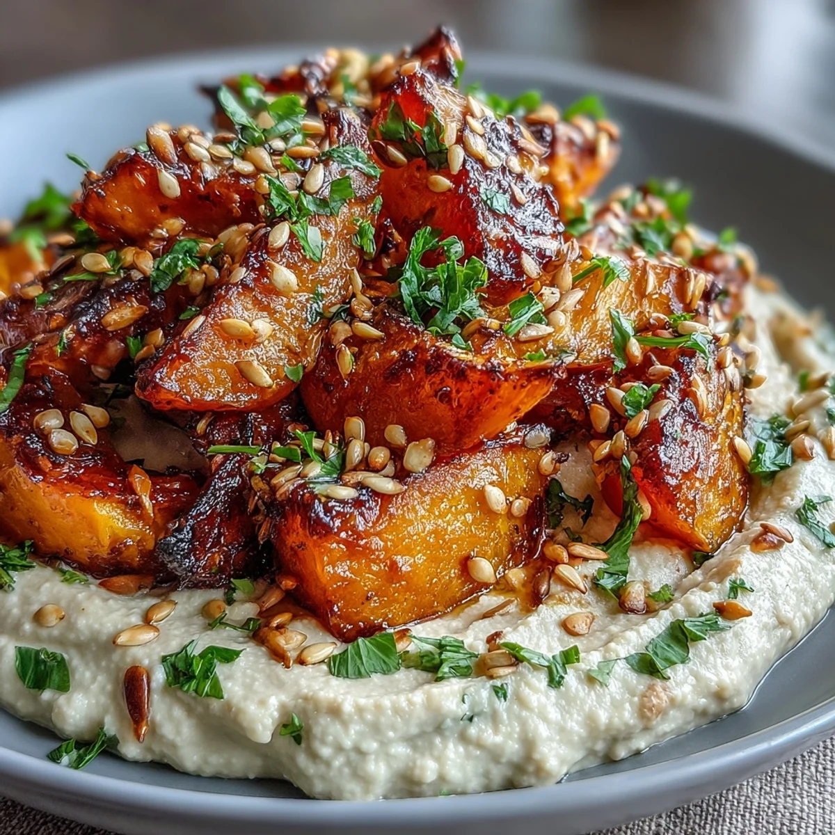 Vibrant Roast Squash and Hummus Winter Salad with toasted seeds for crunch.