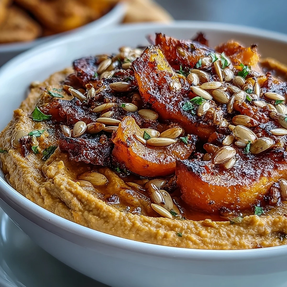 Creamy butter bean hummus topped with tender roasted vegetables, a hearty winter salad.
