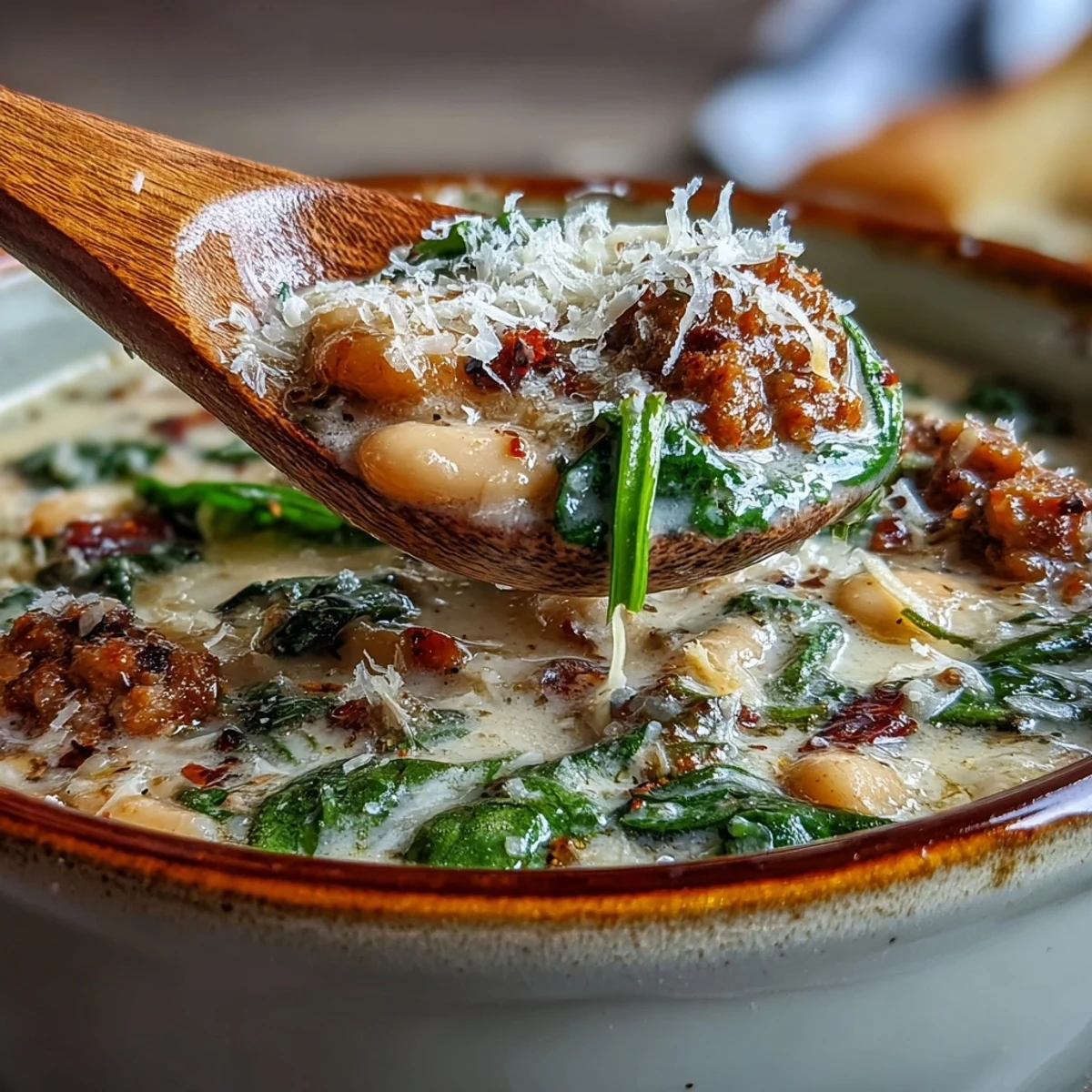 Steamy bowl of Epic Creamy Tuscan White Bean Soup With Sausage, topped with Parmesan and fresh spinach.