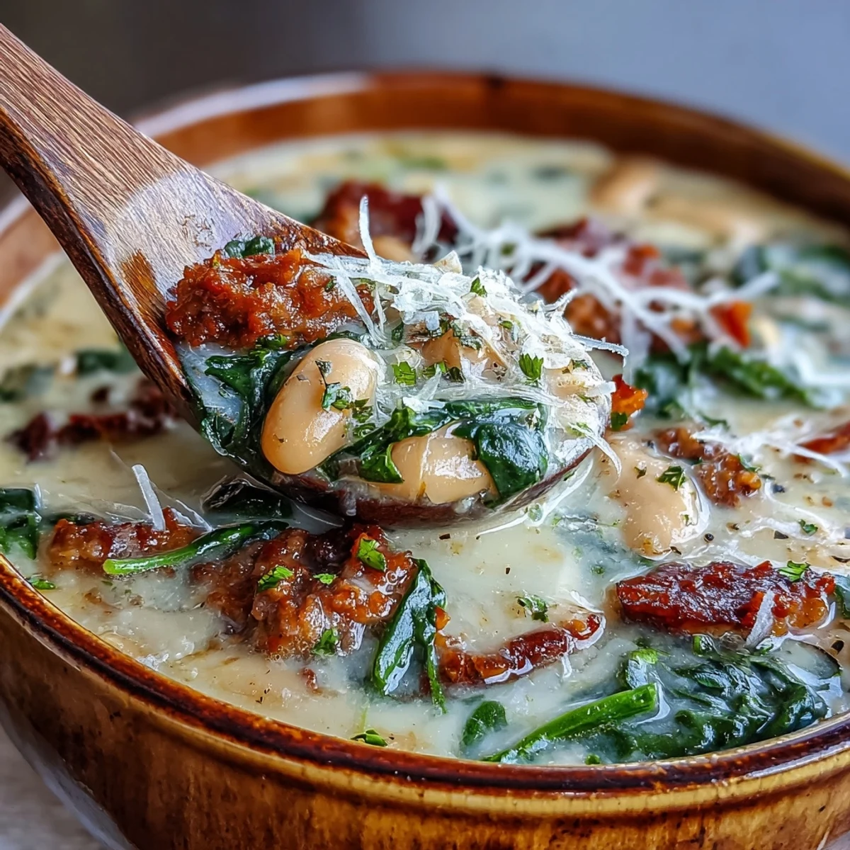 A spoon dips into Epic Creamy Tuscan White Bean Soup With Sausage beside crusty bread.