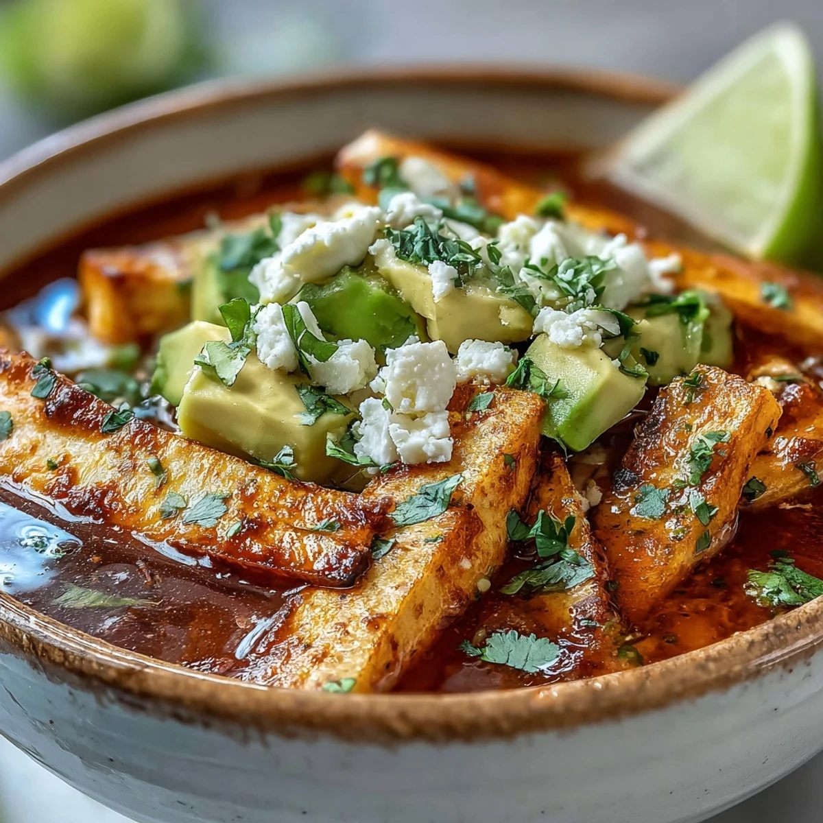 Sopa Azteca with crispy tortilla strips in smoky tomato-chile broth, topped with creamy panela cheese, diced avocado, and fresh cilantro.