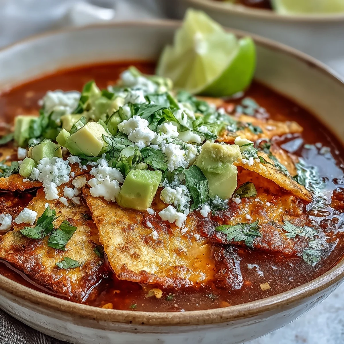 Hearty Sopa Azteca served steaming hot in a rustic bowl, with lime wedges and a swirl of crema ready for squeezing.