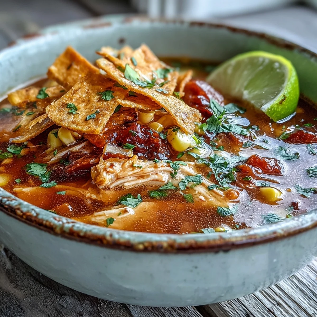A bowl of the Best Chicken Tortilla Soup garnished with crunchy tortilla strips, creamy avocado slices, and fresh cilantro.