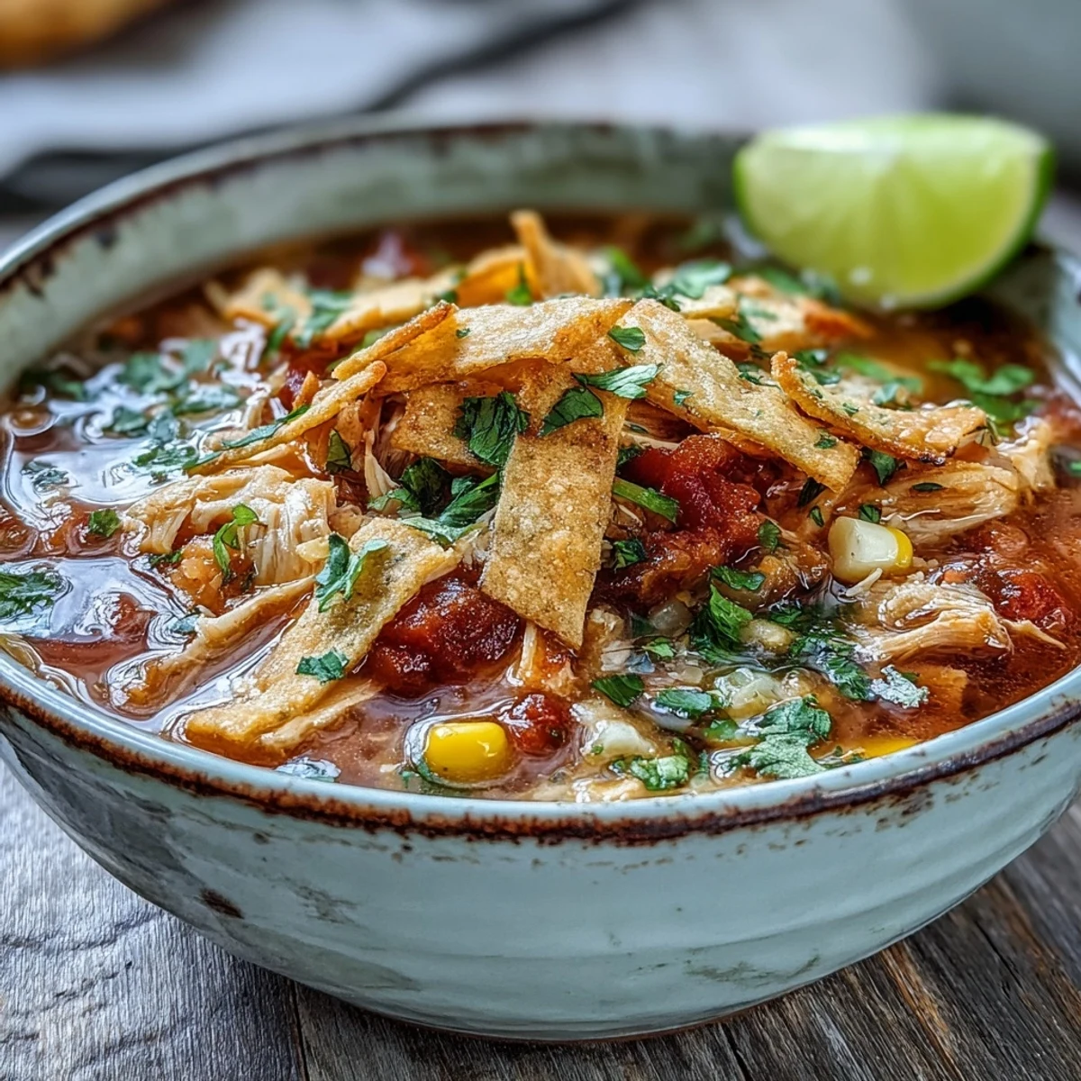 The Best Chicken Tortilla Soup simmers in a pot, filled with tender chicken, fire-roasted tomatoes, and sweet corn.