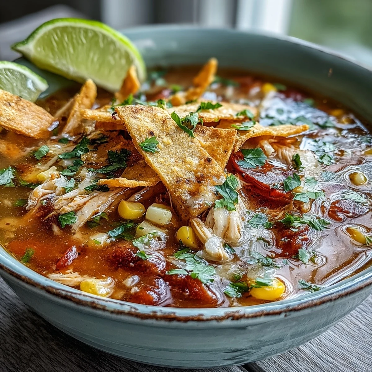 Serving the Best Chicken Tortilla Soup with lime wedges and shredded cheese next to a basket of warm tortillas.