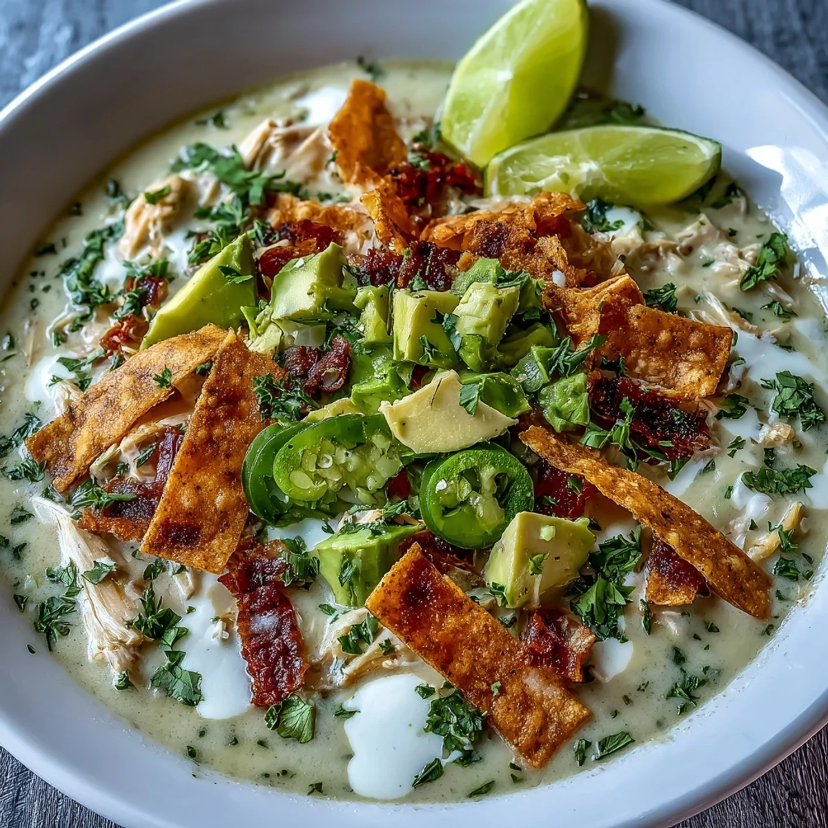 Creamy Chicken Tortilla Soup simmering in a pot, featuring tender shredded chicken in a salsa verde broth with poblanos, garnished with diced avocado.