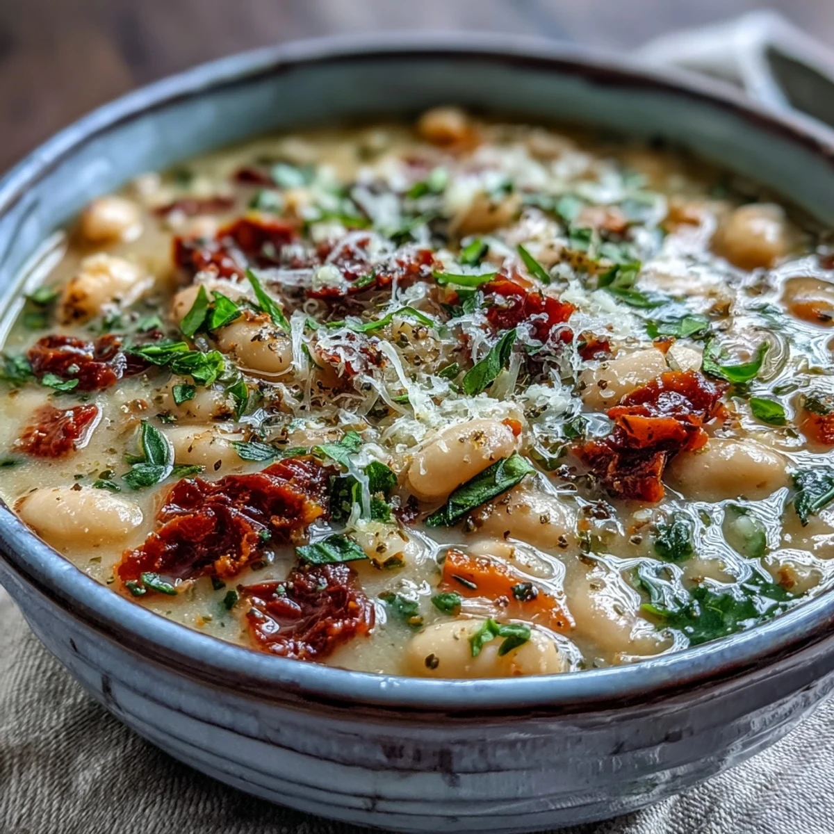 Creamy Tuscan White Bean Soup in a rustic bowl, garnished with crispy pancetta and fresh basil, steam rising.